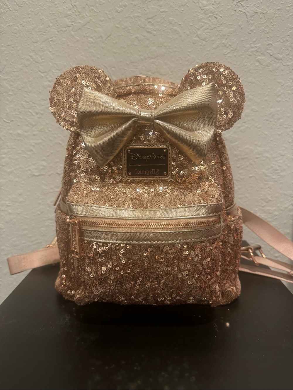 Loungefly Rose Gold Sequin Minnie Ear Backpack with Bow